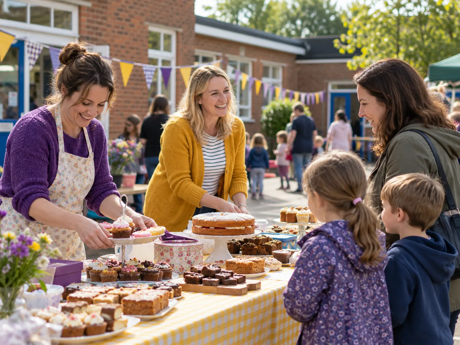 Parents and children choosing cakes at a school bake sale stall decorated with bunting