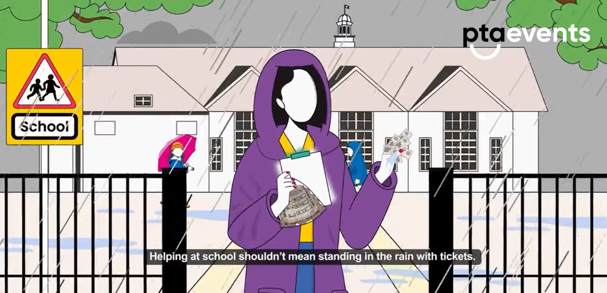 Animation still: a volunteer in a purple raincoat outside a school in the rain, holding raffle tickets and a cash bag